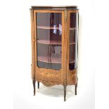 Late 20th century French walnut and kingwood vitrine display cabinet, serpentine front, single glaze