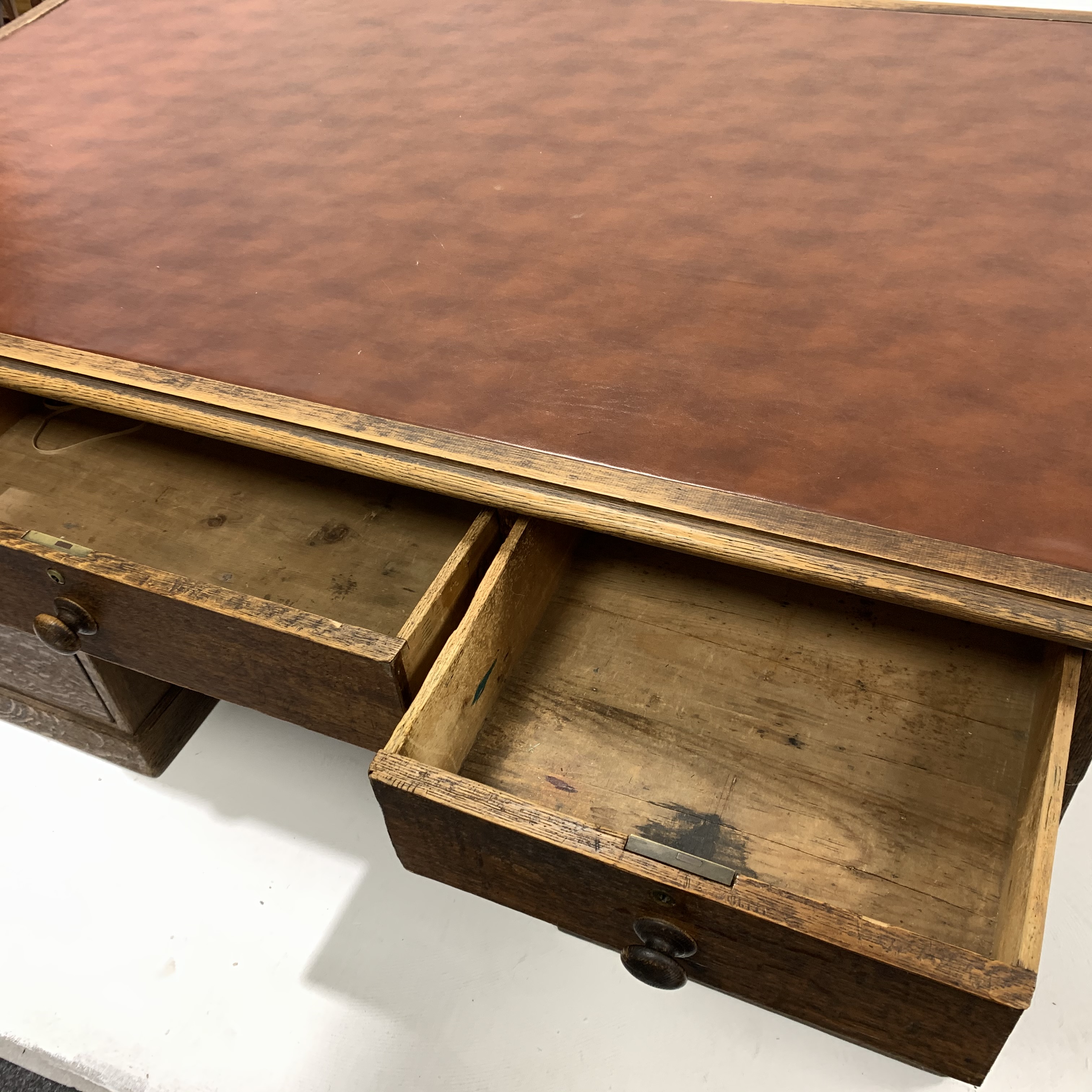 19th century oak estate twin pedestal desk, skivered top over one long drawer and two banks of three - Image 3 of 7