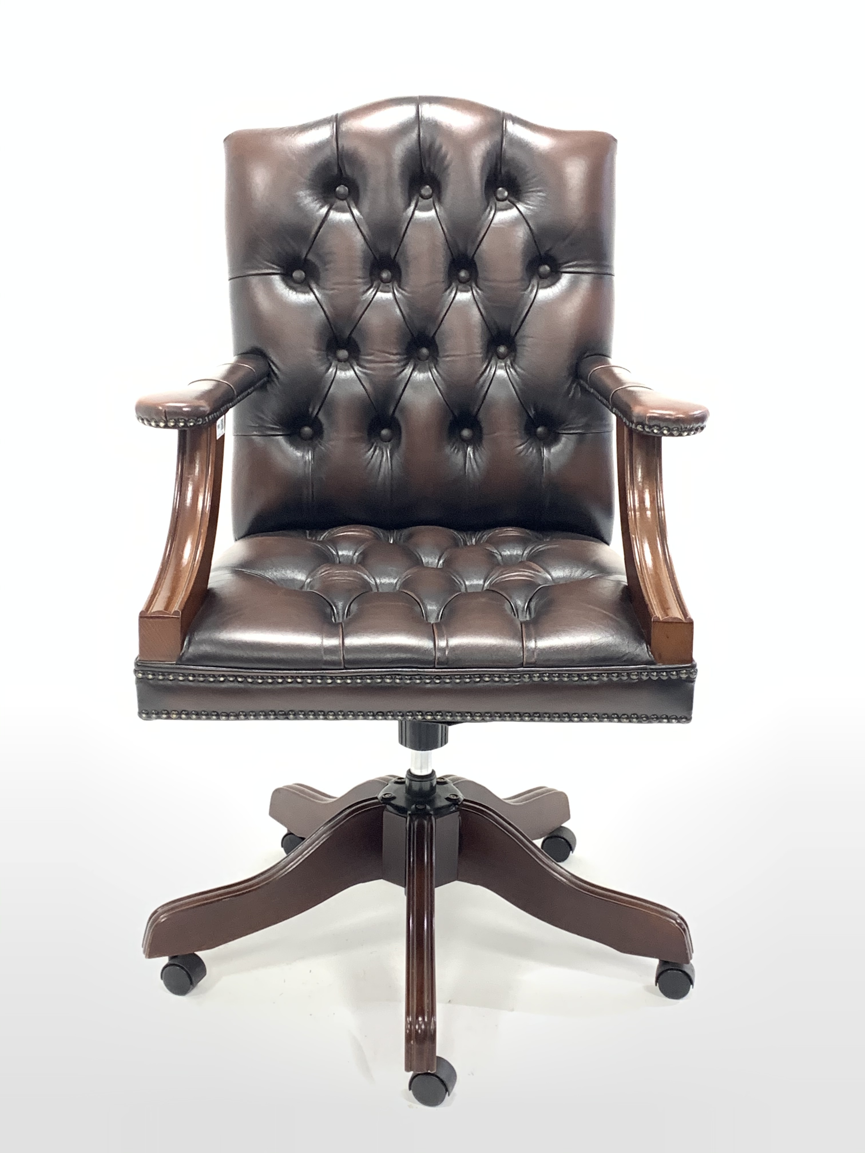 20th century captains chair, seat and back upholstered in buttoned and studded brown leather, open a - Image 3 of 3