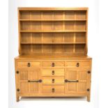 'Mouseman' 5' adzed oak dresser, three height plate rack over base fitted with six drawers, two cupb