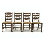 Set four early 20th century ash waved ladderback chairs, with string seats, raised on turned support