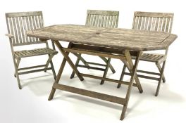 Slatted teak folding garden table (150cm x 80cm, H73cm) and three (2+1) teak folding garden chairs,