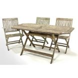 Slatted teak folding garden table (150cm x 80cm, H73cm) and three (2+1) teak folding garden chairs,