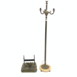 Early 20th century cast brass three branch standard lamp, with reeded column on circular marble base