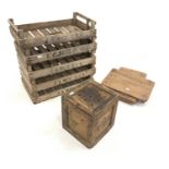 Set of five pine strawberry crates, stamped P M WATTS, (L67cm) together with an egg box (W35cm) and