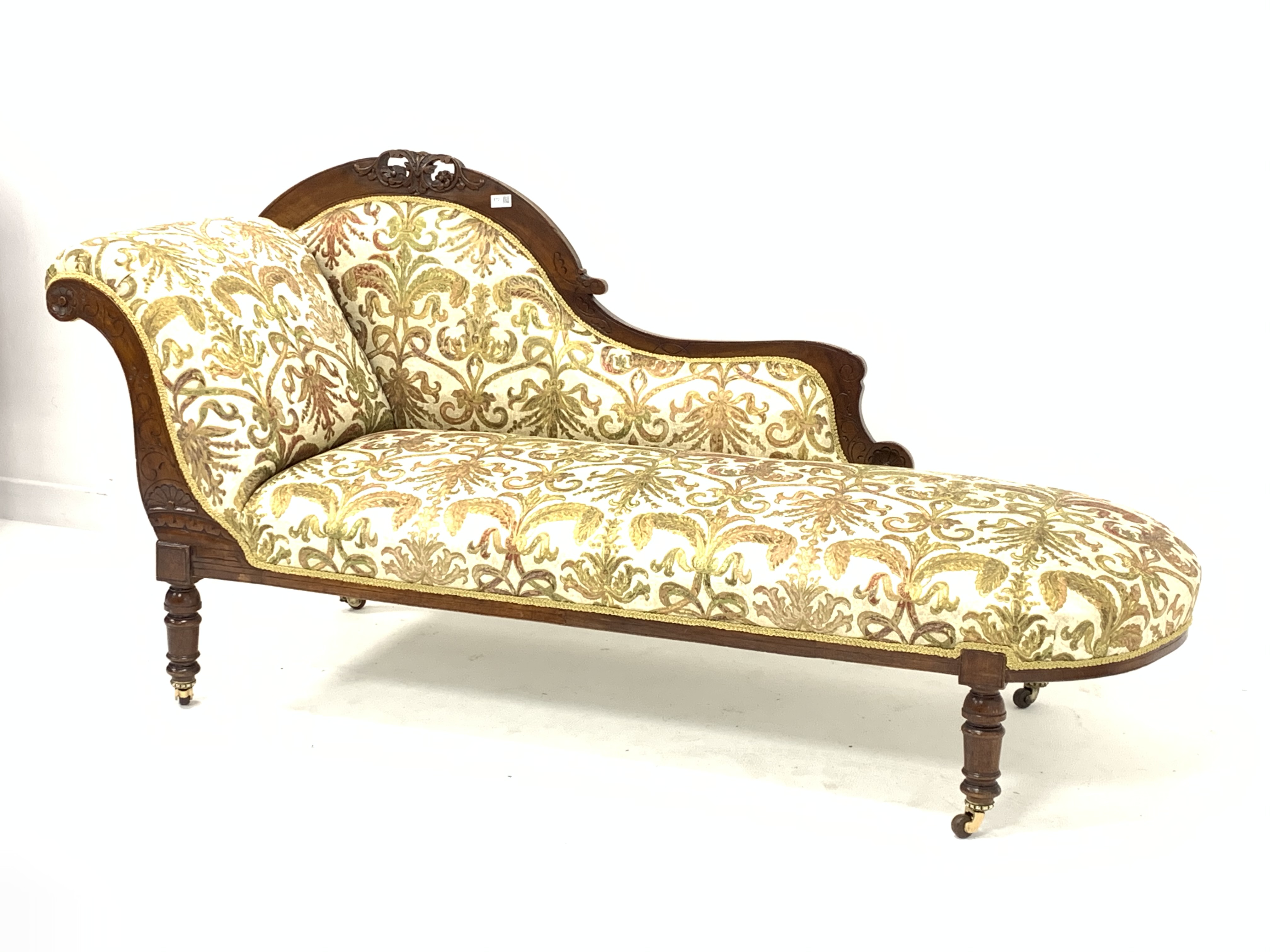 Late Victorian walnut chaise longue, with scroll ends and incised decoration, and carving to crest r - Image 3 of 4