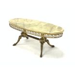 20th century cast brass oval coffee table, with moulded onyx top over pierced frieze decorated with
