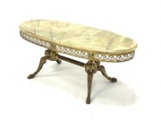 20th century cast brass oval coffee table, with moulded onyx top over pierced frieze decorated with