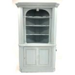 19th century oak floor standing corner cupboard, painted in egg shell blue, with dentil cornice over