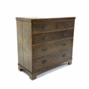 19th century oak chest fitted with two short and three long graduating drawers, shaped bracket suppo