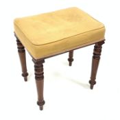 Late Victorian mahogany piano stool, with upholstered top raised on turned supports,