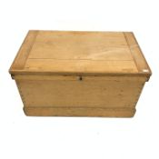 Large early 20th century pine blanket box, with wrought iron carry handle to each end and skirted ba