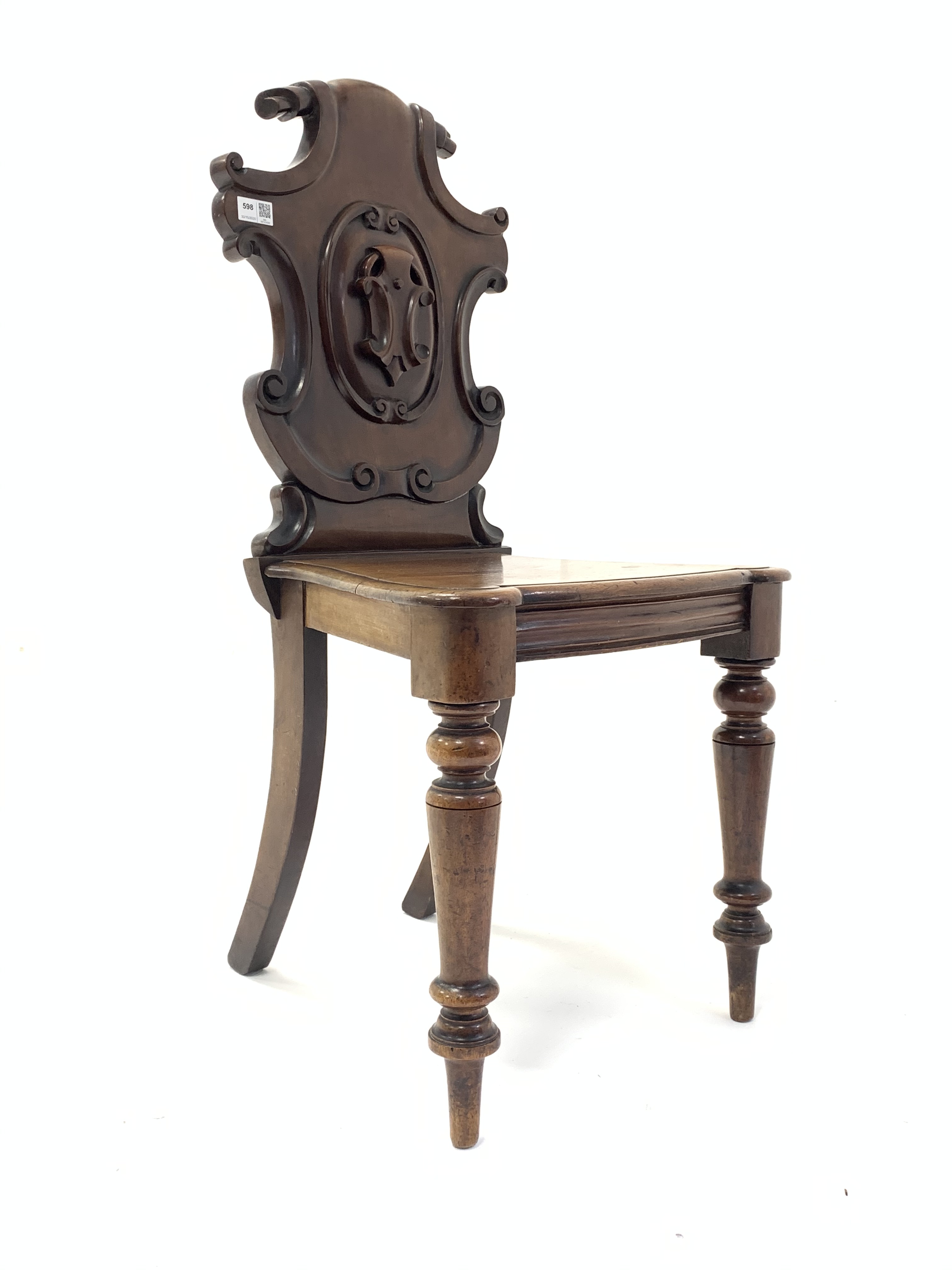 Victorian mahogany shield back hall chair, with shaped seat, raised on turned front supports, W46cm