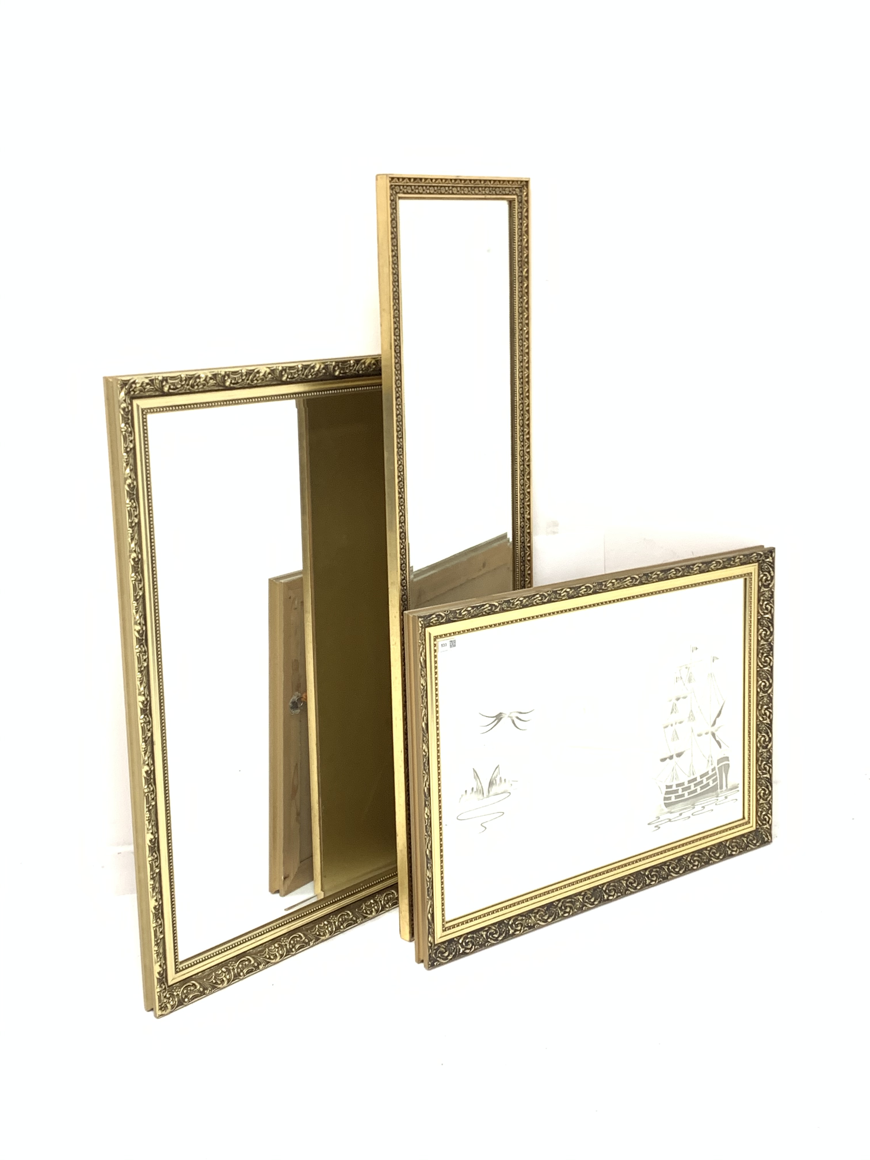 Nautical themed mirror in ornate gilt frame (87cm x 61cm) another similar mirror (101cm x 71cm) and