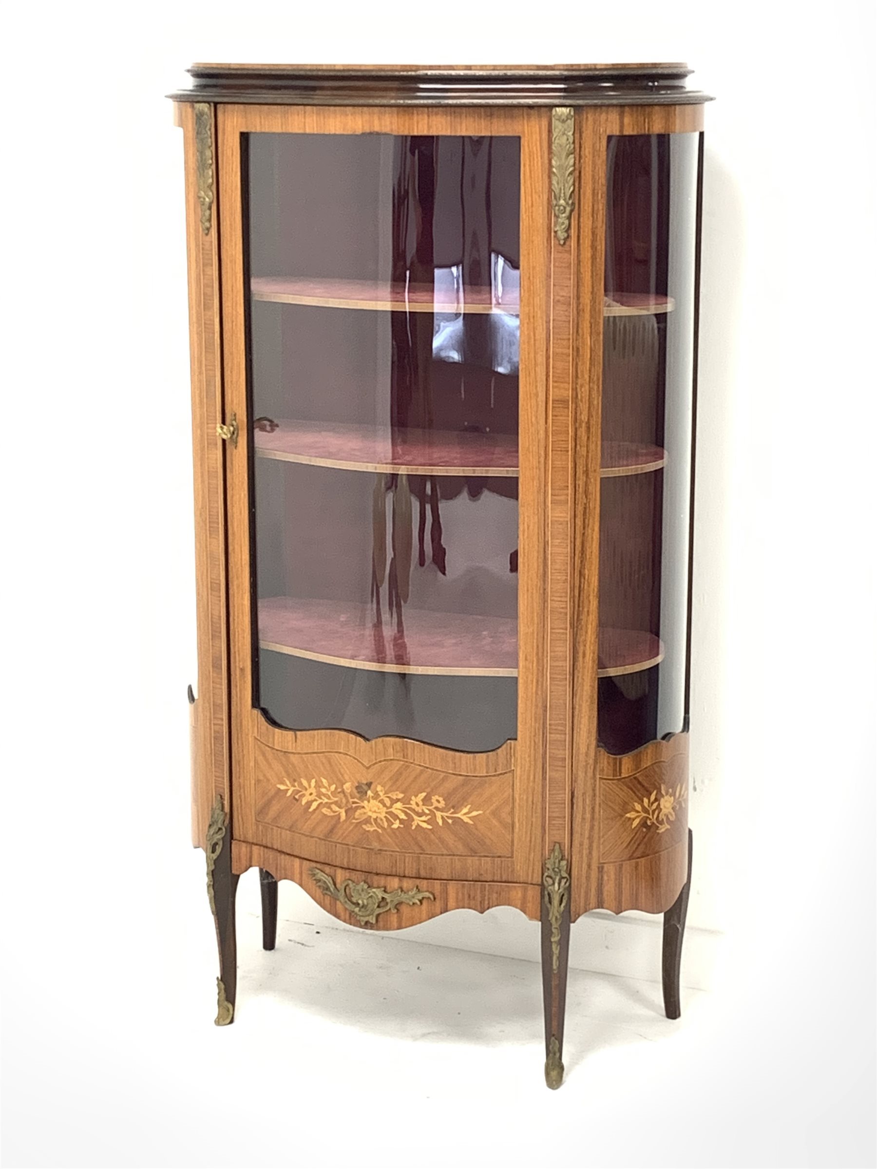 Late 20th century French walnut and kingwood vitrine display cabinet, serpentine front, single glaze