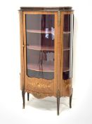 Late 20th century French walnut and kingwood vitrine display cabinet, serpentine front, single glaze