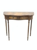 Reprodux Georgian style mahogany serpentine side table, with cross banded top over two frieze drawer