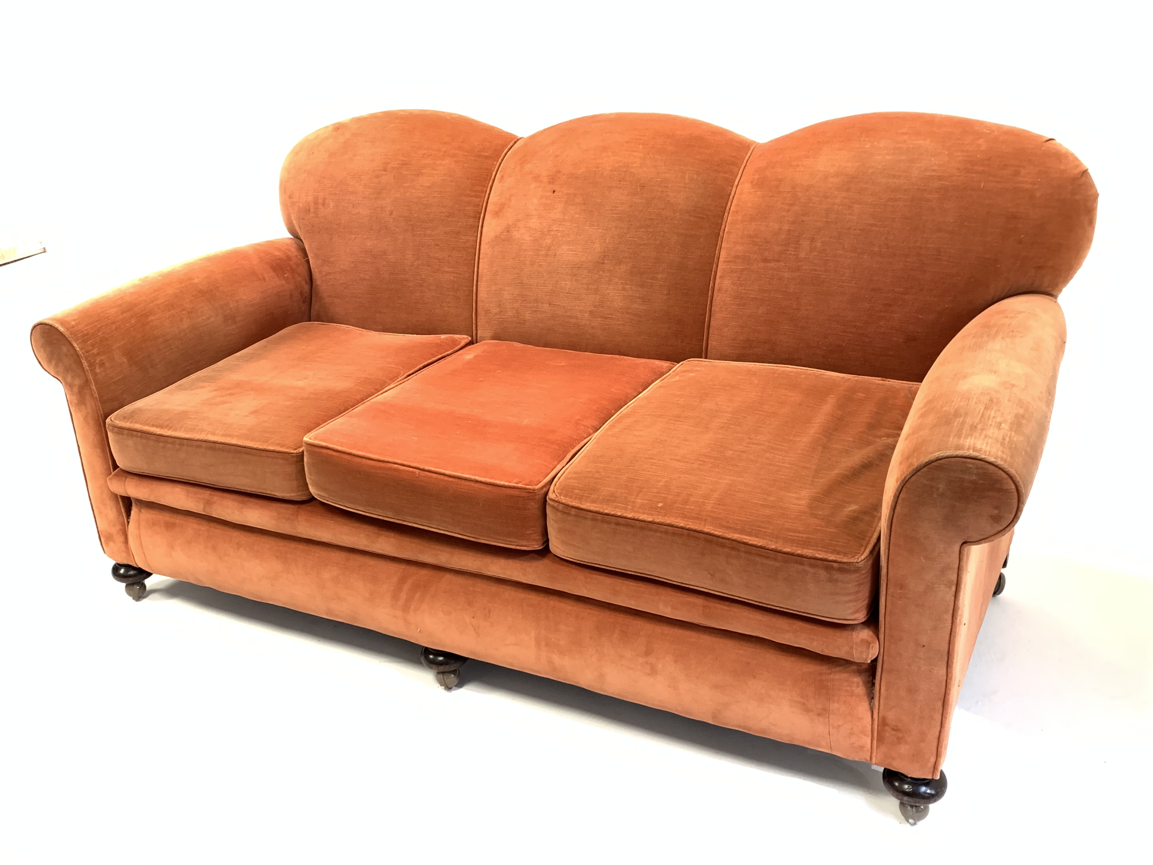 Early to mid 20th century three seat sofa, with serpentine back over loose cushions, raised on turne - Image 2 of 5