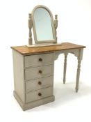 20th century painted pine dressing table, the top raised on a bank of four drawers and turned suppor