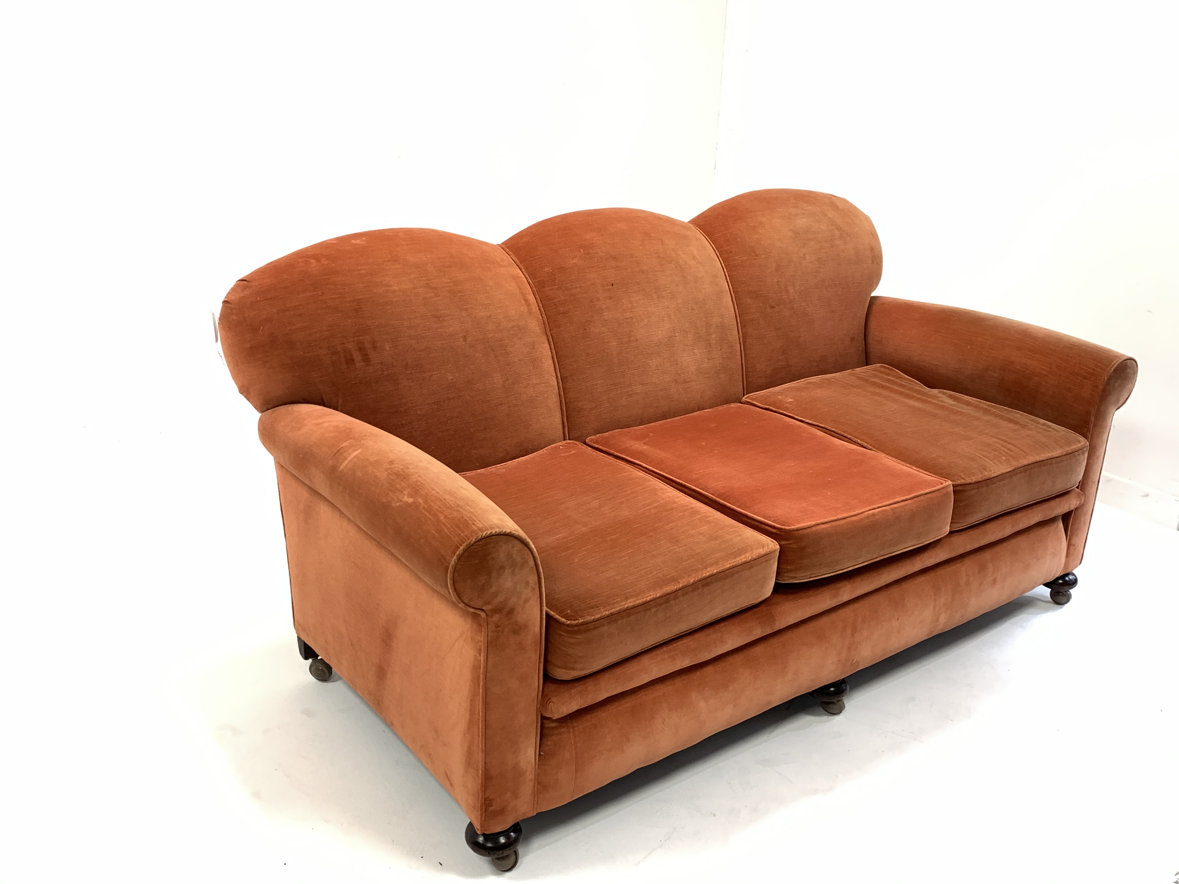 Early to mid 20th century three seat sofa, with serpentine back over loose cushions, raised on turne - Image 3 of 5