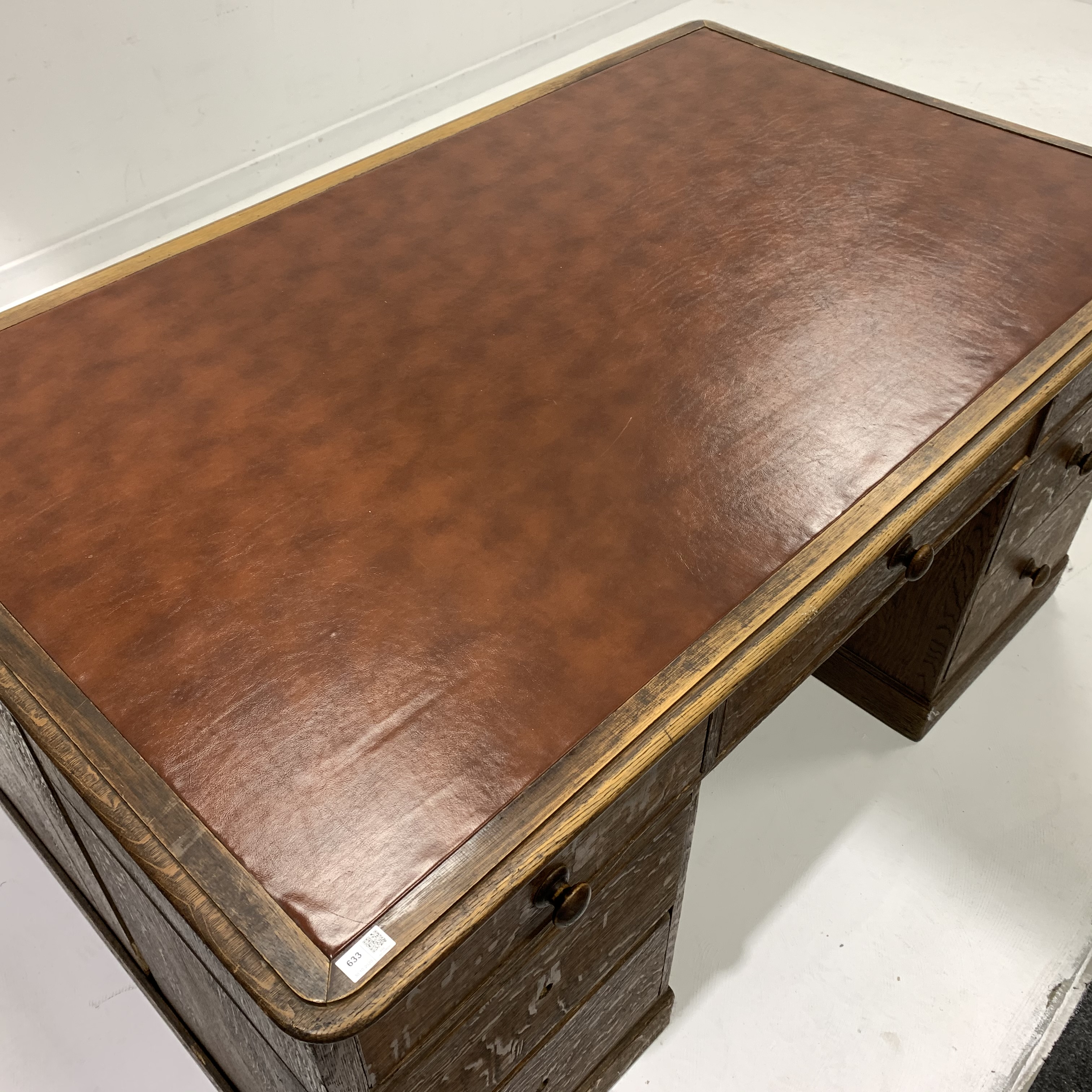 19th century oak estate twin pedestal desk, skivered top over one long drawer and two banks of three - Image 2 of 7