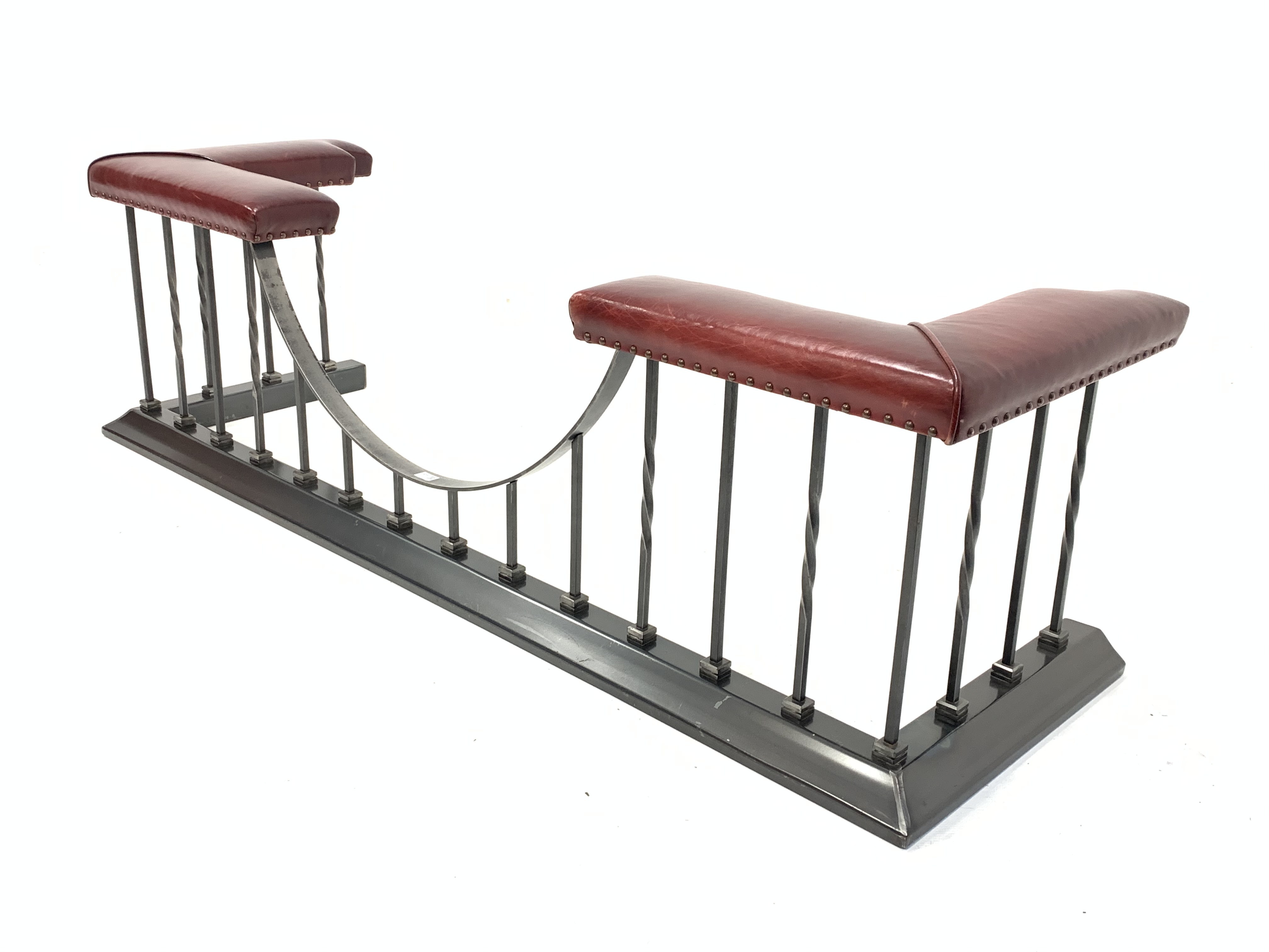 Victorian style wrought metal club fender, with two leather upholstered seats to each end, W180cm, H - Image 2 of 3