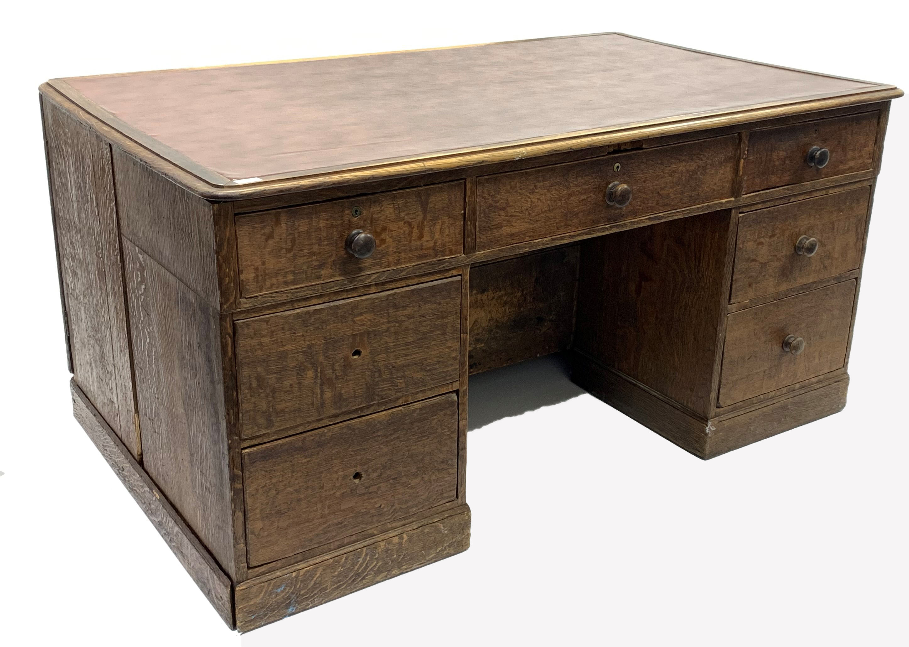 19th century oak estate twin pedestal desk, skivered top over one long drawer and two banks of three