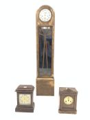 Two oak cased bracket clocks, (W25cm) and part of an Art deco style oak veneered Grandmother clock,