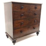 Early 19th century oak chest fitted with two short and three long drawers, raised on turned supports