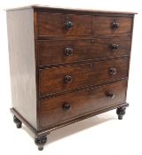 Early 19th century oak chest fitted with two short and three long drawers, raised on turned supports