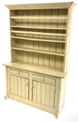 19th century painted pine dresser, with three height plate rack over two drawers and cupboard enclos