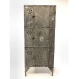 19th century riveted and galvanised metal industrial locker, six cupboards each enclosing shelves, r