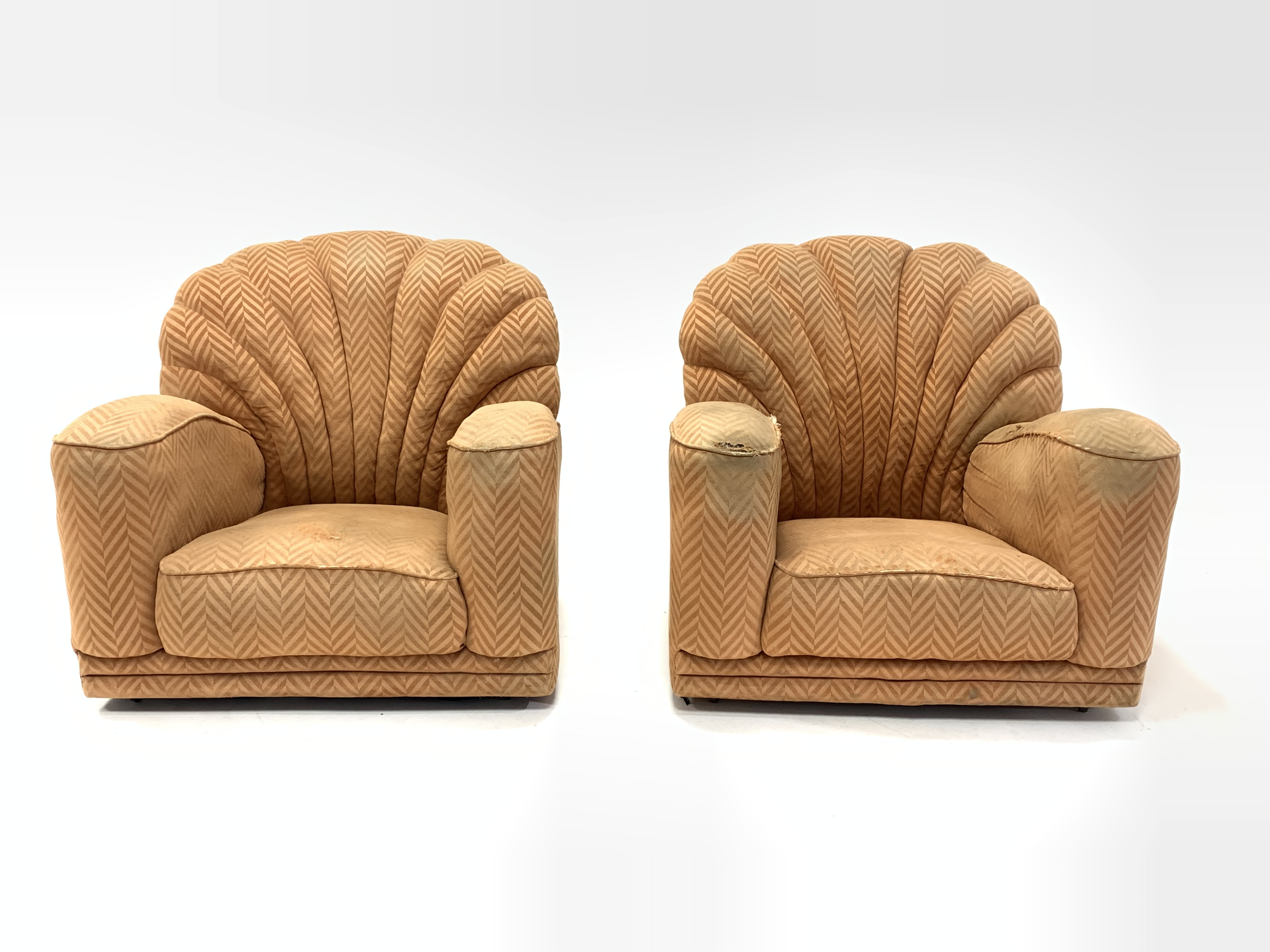 Pair of early 20th century art deco shell back armchairs, upholstered in salmon herringbone fabric,