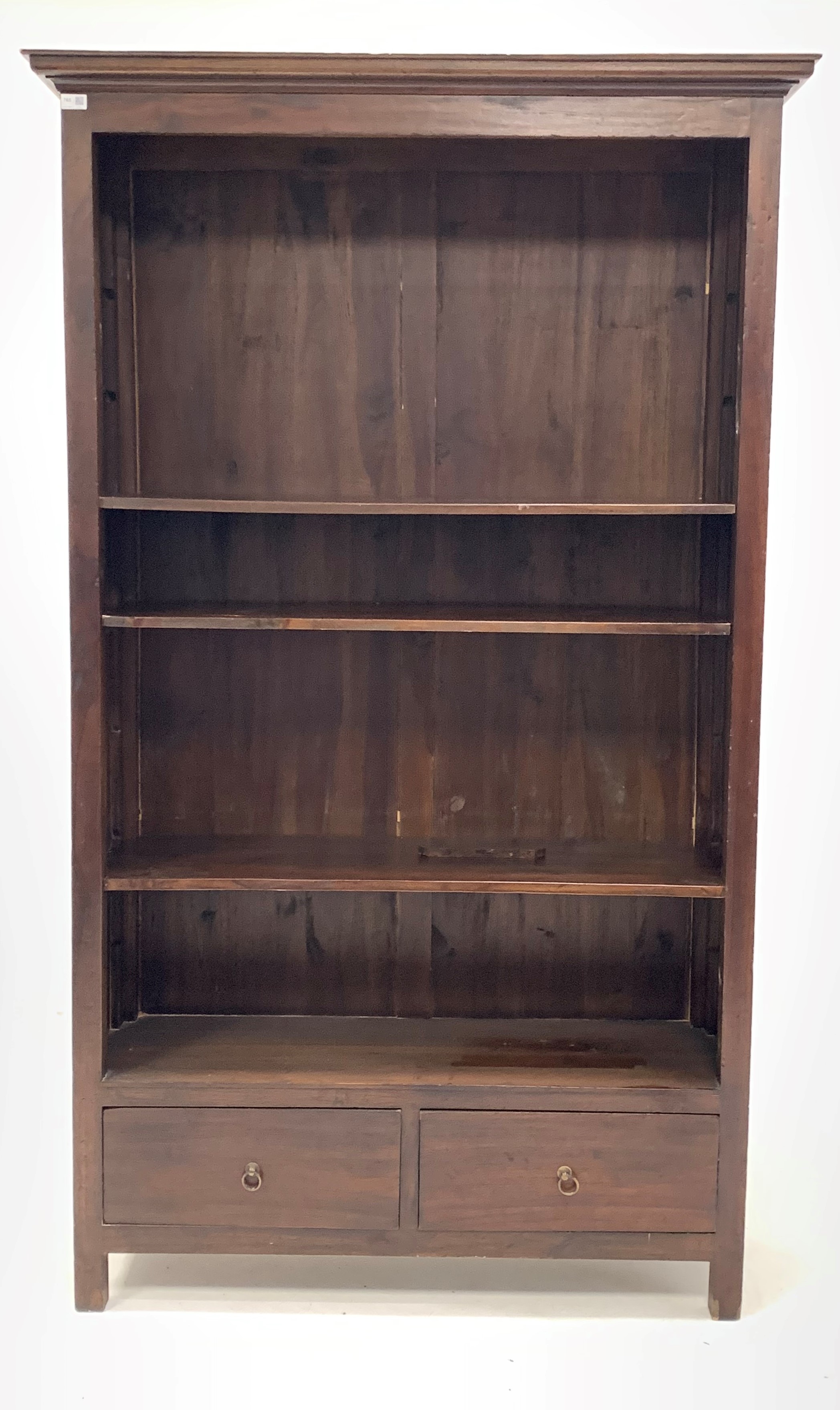 20th century stained hard wood open bookcase, with three adjustable shelves over two drawers, raised