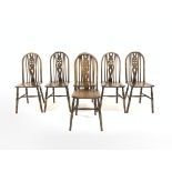 Set six 20th century elm and beach hoop and spindle back kitchen chairs, with pierced splats and tur