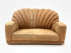 Early 20th century Art Deco shell back two seat sofa, upholstered in salmon herringbone fabric, rais