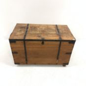 Large stained hardwood metal bound blanket box, with strap iron hinges, carry handle to each end, ra