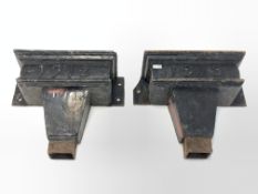 Pair of rectangular form cast iron hopper heads, dated 1912, W54cm