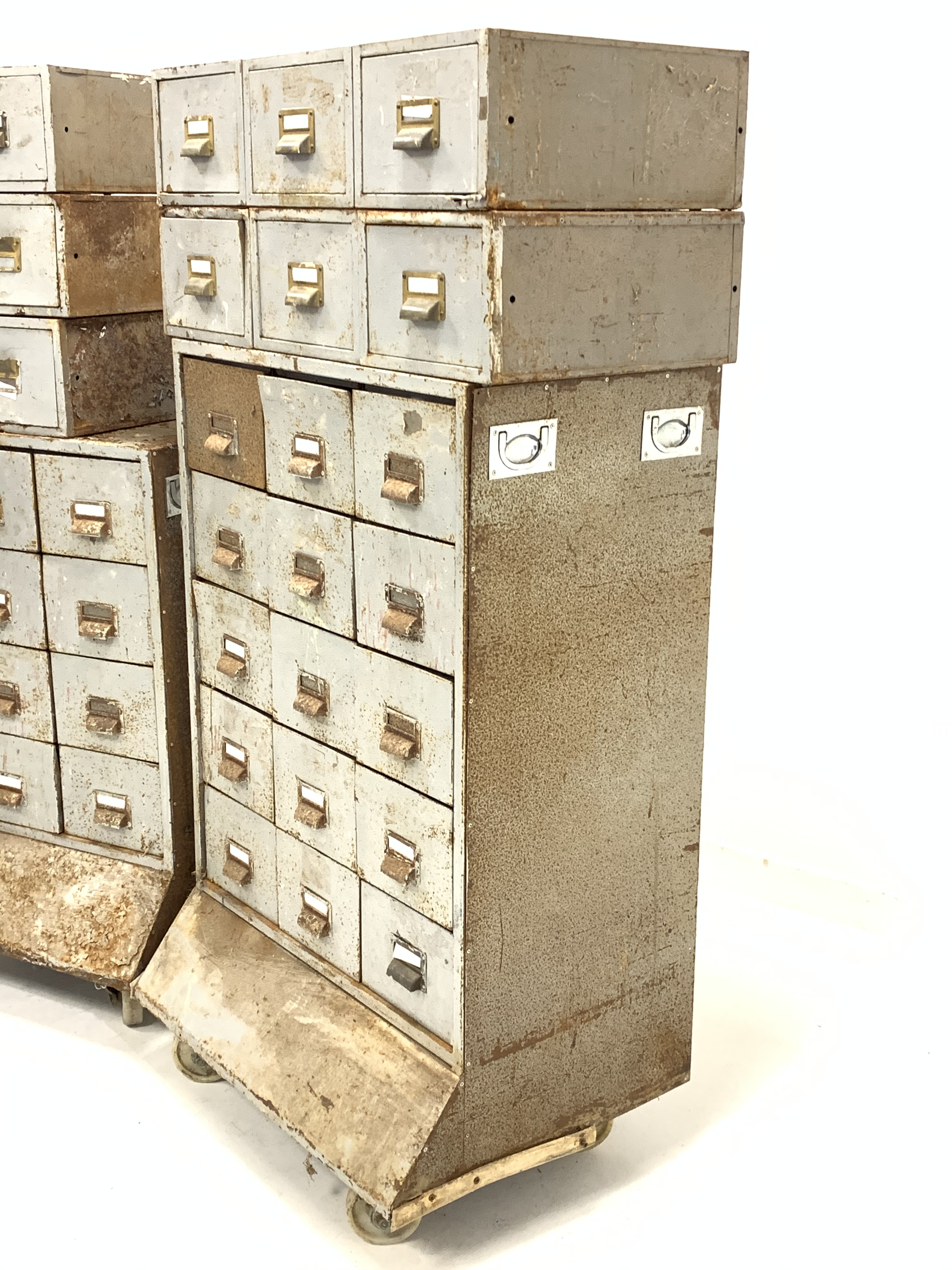 Industrial drawers - One bank of 15 stamped sheet metal industrial drawers, raised on large castors, - Image 2 of 2