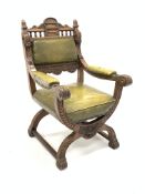 Early 20th century walnut carved throne chair, with shell pediment and shaoed cresting rail over tur