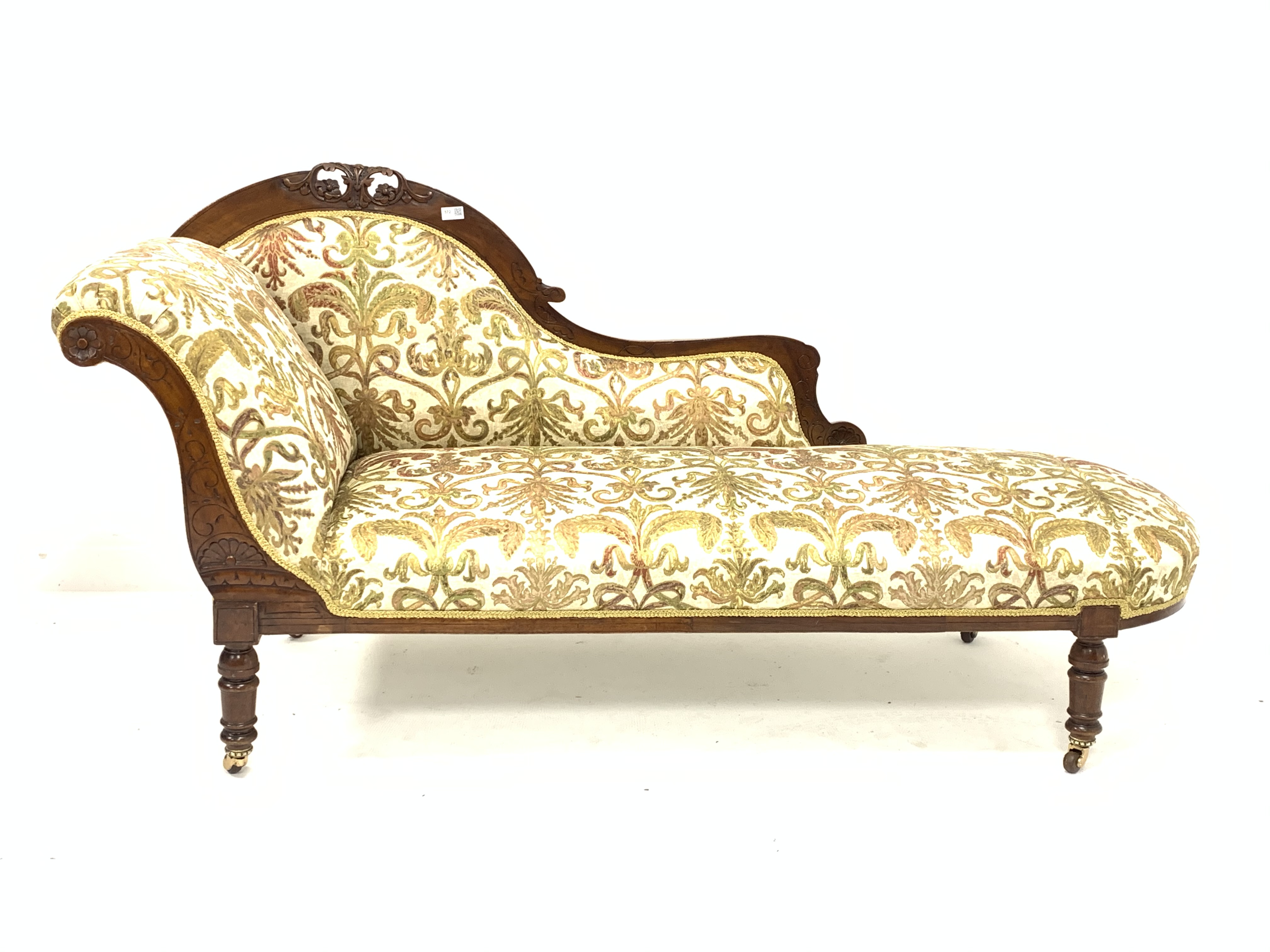 Late Victorian walnut chaise longue, with scroll ends and incised decoration, and carving to crest r - Image 2 of 4