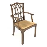 20th century mahogany Chippendale style Gothic carver armchair, serpentine cresting rail relief carv