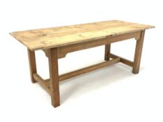 19th century French pine refectory style dining table, the associated top over shaped apron raised o