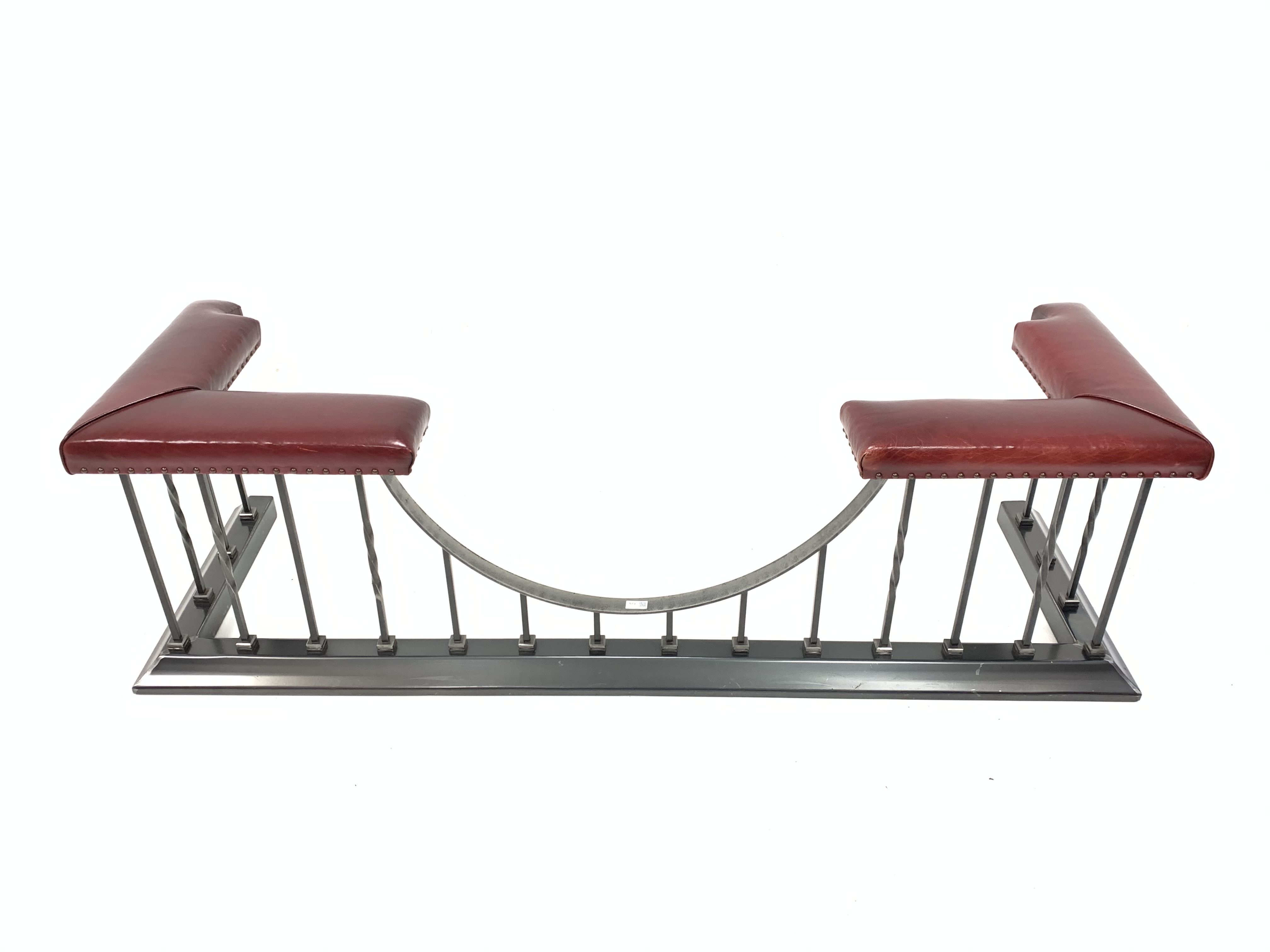 Victorian style wrought metal club fender, with two leather upholstered seats to each end, W180cm, H - Image 3 of 3