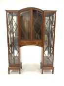 Edwardian mahogany display cabinet, arched top over two tracery glazed doors and two drawers, flanke