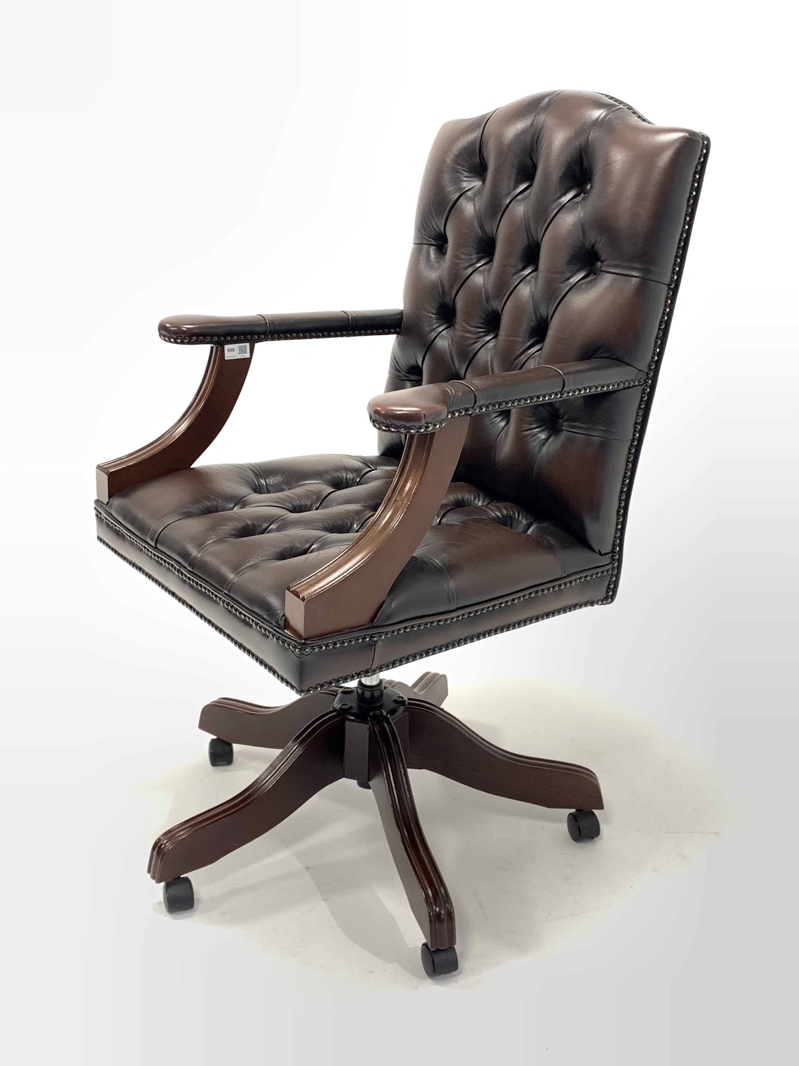 20th century captains chair, seat and back upholstered in buttoned and studded brown leather, open a - Image 2 of 3