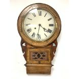 Victorian inlaid walnut cased drop dial wall clock, white painted enamel dial with Roman numeral cha