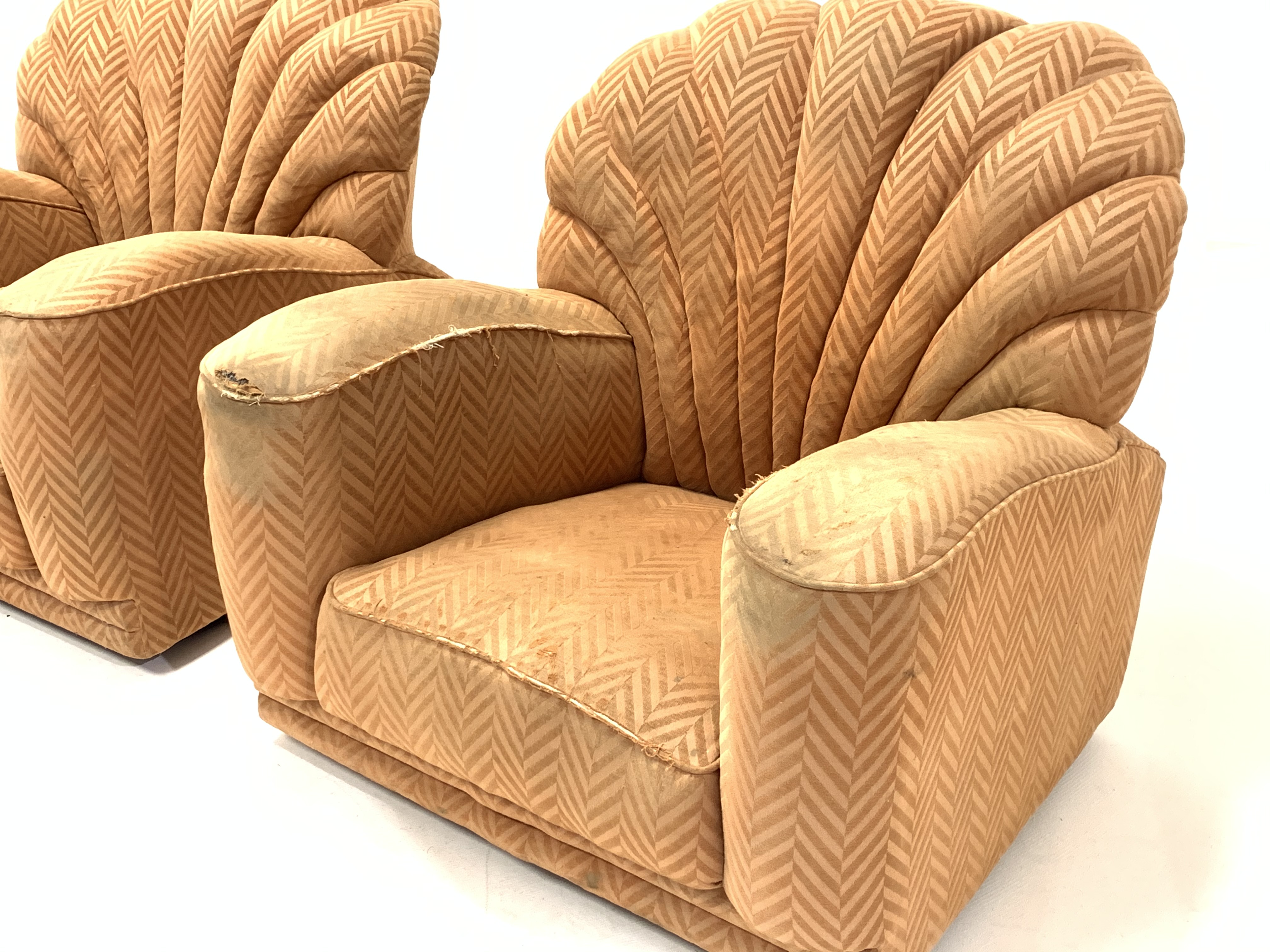 Pair of early 20th century art deco shell back armchairs, upholstered in salmon herringbone fabric, - Image 3 of 3