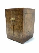 Early 20th century Art Deco burr walnut bedside cupboard, doors opening to reveal single shelf, plin