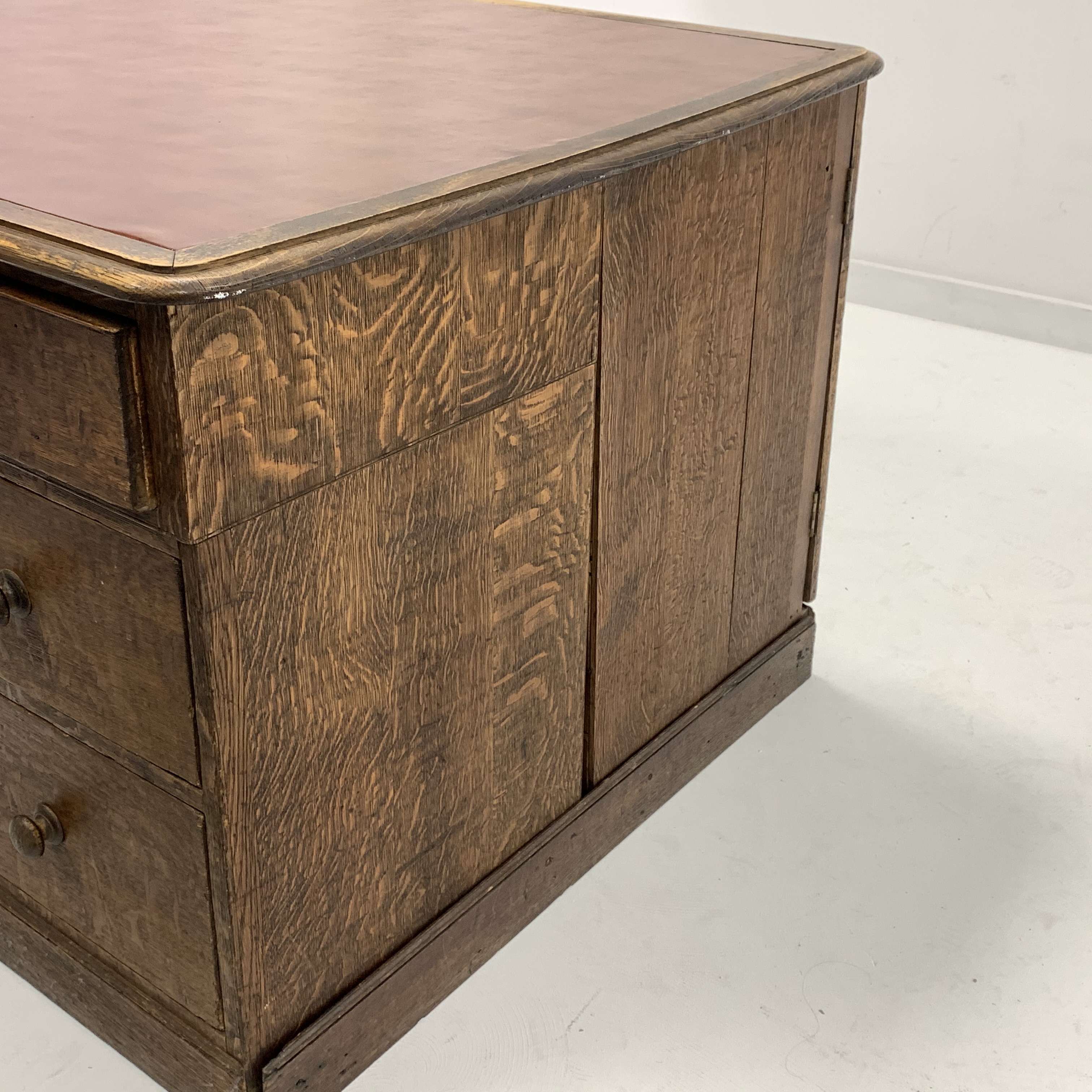 19th century oak estate twin pedestal desk, skivered top over one long drawer and two banks of three - Image 4 of 7